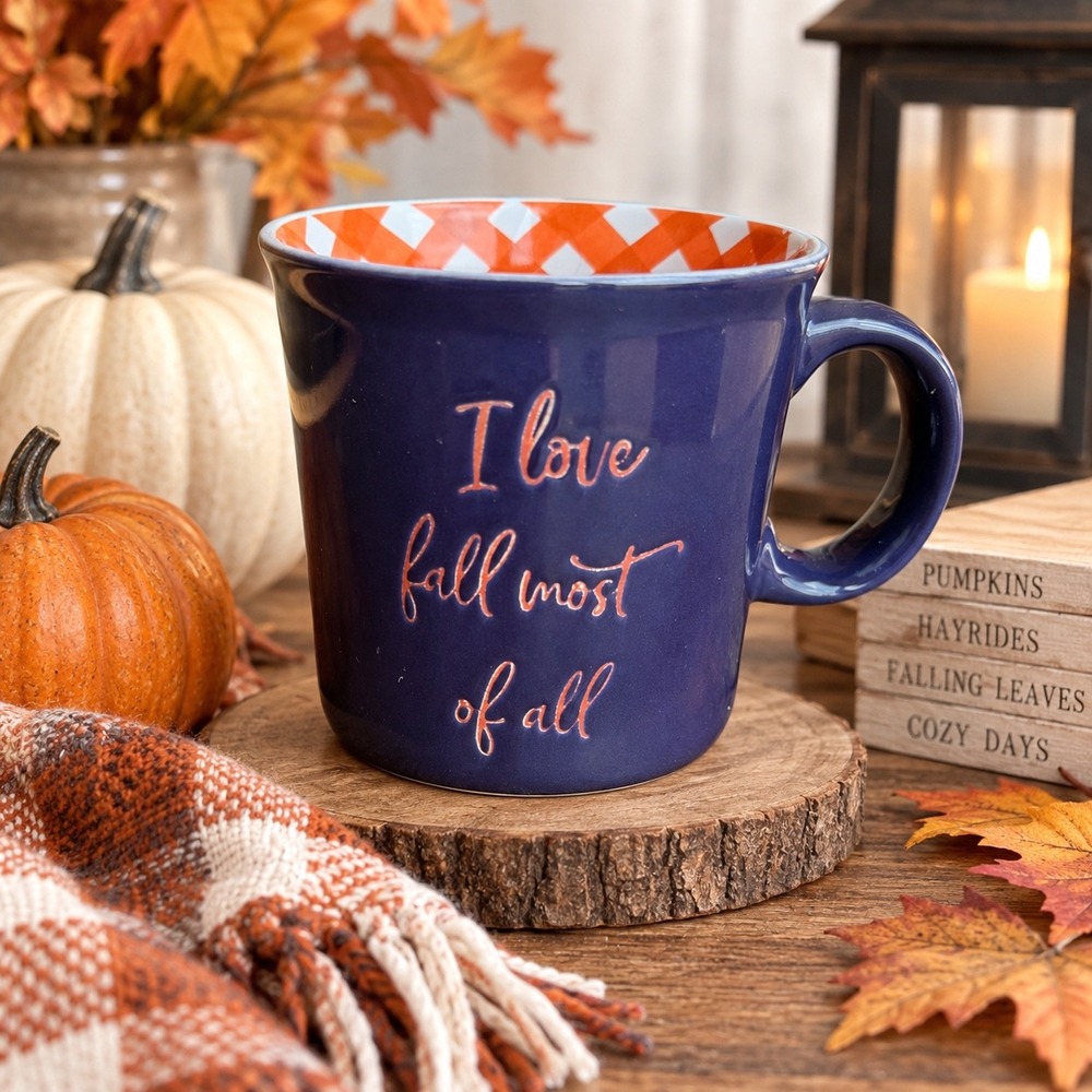 The Farmhouse Rachel Ashwell I Love Fall Most Of All Mug Navy Orange Gingham